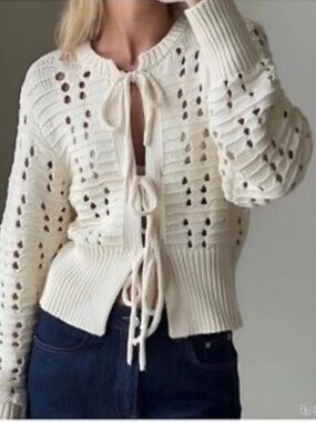 Jessica Simpson Cream Open-Knit Tie-Front Cardigan Size XS